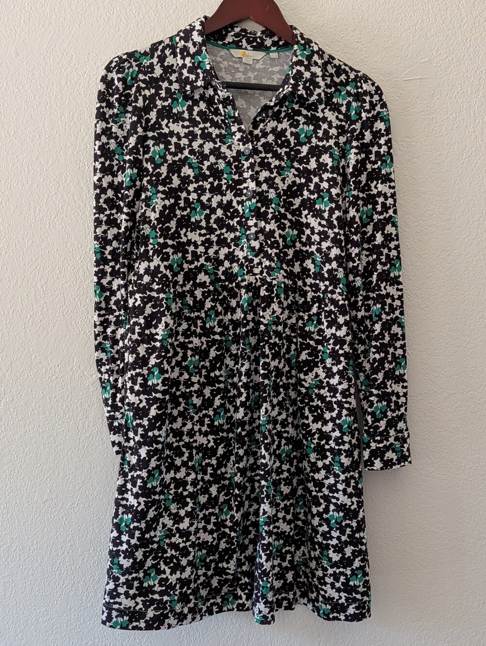 Boden Alma Jersey Shirt Mini Dress Black Green Floral Pockets Long Sleeve Size 6